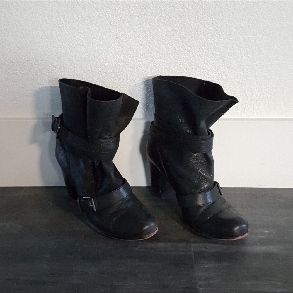 Black Strapped Rosegold Leather Booties